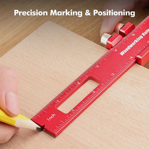 3 Piece Woodworking Straightedge Ruler Set With Sliding Stop Blocks Dead On Accuracy Laser Etched Inch And Metric Scales For Fine Carpentry Layout Tasks; red ruler marking wood