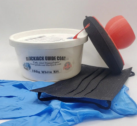 White Dry Powder Guide Coat Kit For Automotive Body Prep with no overspray, includes applicator and gloves visible