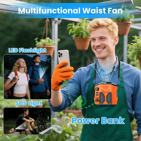 Man wearing Rechargeable Portable Personal Waist Fan With 10000mAh Battery, 5 Speeds, 13500RPM Airflow, LED Light, 30Hour Runtime