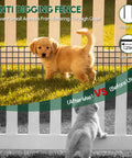 No Dig Garden Fence Panels For Outdoor Yard, 30 Rustproof Metal Barriers, 42.5 Feet Long By 13 Inches High with dog demonstration.