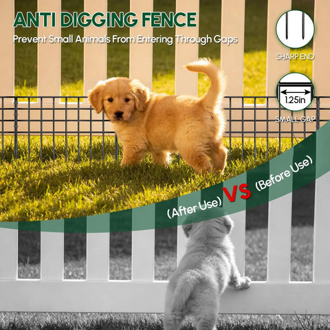 No Dig Garden Fence Panels For Outdoor Yard, 30 Rustproof Metal Barriers, 42.5 Feet Long By 13 Inches High with dog demonstration.