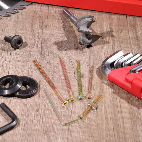 49-Piece M6 Hex Socket Screws and Barrel Nut Set for Furniture Repair, metal fasteners on wooden surface with hex keys