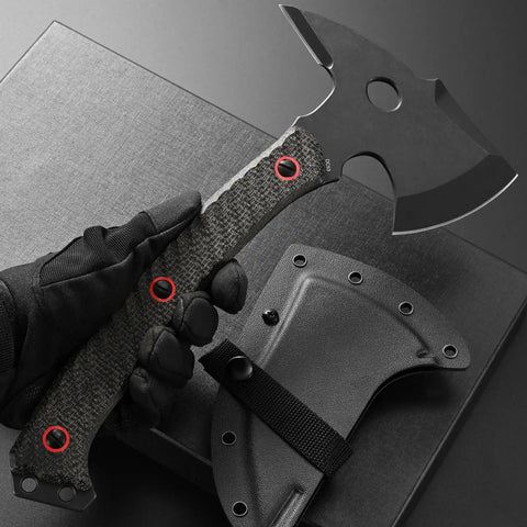 Beast Of A Camping Axe For Bushcraft And Survival With DC53 Steel Blade And Micarta Handle Full Tang Hatchet shown with Kydex sheath