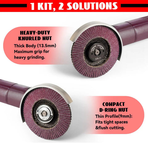 Four Pack Quick Release Angle Grinder Flange Nuts No Wrench Needed Self Locking Arbor Nuts With D Ring Knurl Fits 4-1/2, 5, 7, 9 Inch Grinders 5/8-11 Threads showing heavy-duty knurled and compact D-ring nuts on grinders.