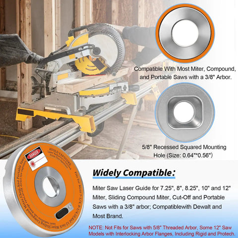Rechargeable Miter Saw Laser Guide With Type C Fast Charging for various miter saws, showing compatibility with 3/8" arbor