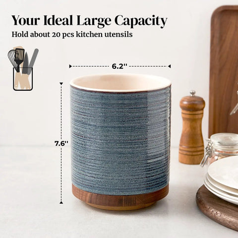 360 Degree Rotating Utensil Holder For Countertop Extra Large Ceramic Caddy In Blue Kitchen Utensil Crock For Farmhouse Decor 7.6 Inch Wide Simple Reach Lazy Susan Style Organizer showing ideal capacity