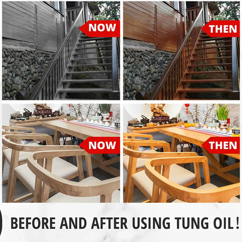 Before and after using 32 Ounce 100 Percent Pure Tung Oil for Wood Outdoor Finish with Brush Safe Food Grade Sealer.