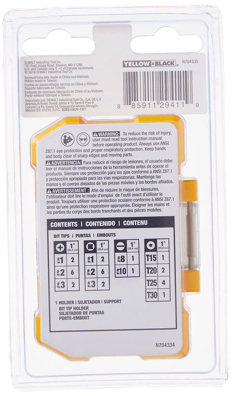 Back view of DWAX100 31 Piece Screwdriving Set packaging showing content list and product details.