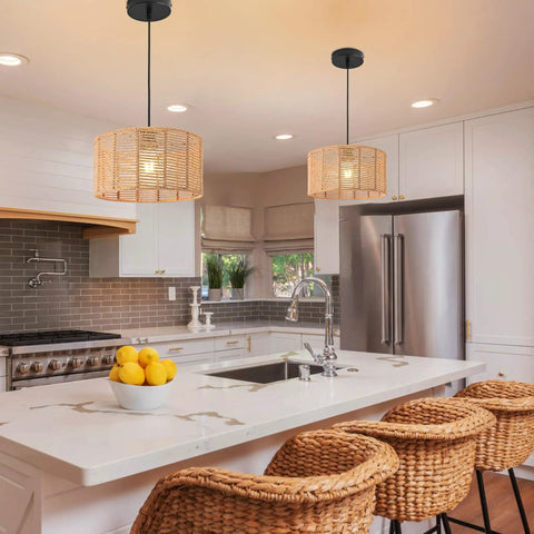 Woven Pendant Light Boho Chandelier With Hemp Rope And Rattan Elements, Rustic Farmhouse Vibe For Kitchen, 15.7 Inch Diameter, Hanging Over Island