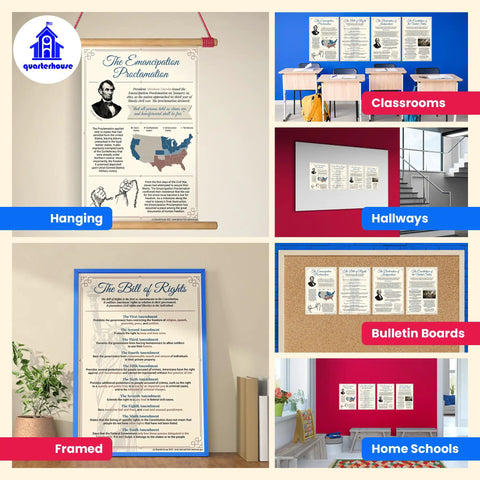 US History Poster Set For Classrooms, 4 Must-Have Documents Pack Including The Emancipation Proclamation, Bill Of Rights, displayed in various settings