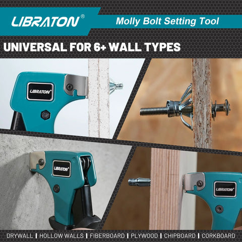 Molly Bolts For Drywall And Plaster Walls Set Includes 30 Heavy Duty Hollow Wall Anchors In Six Sizes And A Pro Setting Tool Holds Up To 65 Lbs For TV Shelf And Mirror Mounting On Hollow Walls, shown used on various wall types with tool.