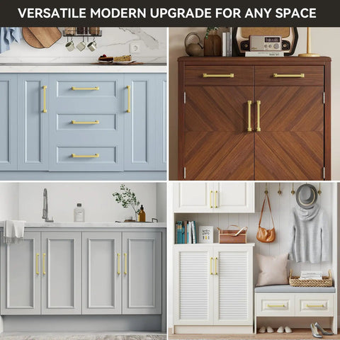 30 Pack 5 1/16 Inch Gold Cabinet Handles, Solid Zinc Alloy Heavy Duty Cabinet Pulls on various wooden cabinet styles