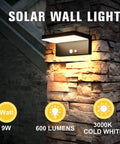 Solar Motion Sensor Outdoor Wall Light With 600 Lumen Output And 3 Modes, IP44 Aluminum Waterproof on stone wall