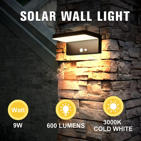 Solar Motion Sensor Outdoor Wall Light With 600 Lumen Output And 3 Modes, IP44 Aluminum Waterproof on stone wall
