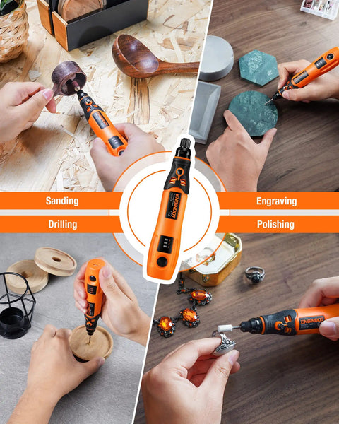 Mini Cordless Rotary Tool Kit With 3.7V USB Recharge, 32 Accessories; shown sanding, engraving, drilling, polishing surfaces.
