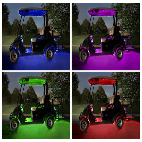 Multicolor LED Golf Cart Canopy Lights Kit With Remote, 2 Pack, 47.25 Inch Underglow Roof Lights showing blue, pink, green, red glow