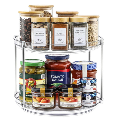 Two Tier Non Skid Acrylic Lazy Susan Turntable Organizer Rotating Spice Rack Spinning Tray For Kitchen Pantry Countertop 9.25 Inch with spices and jars