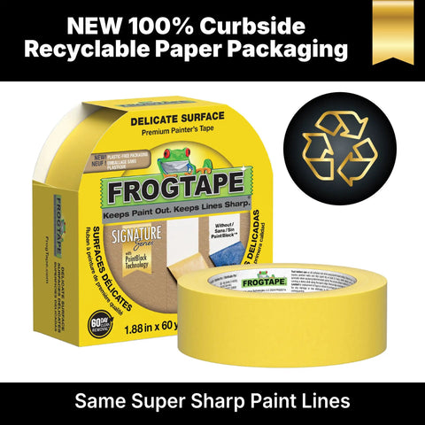 Delicate Surface Painters Tape With PaintBlock Technology For Sharp Lines No Bleed Low Adhesion To Protect Freshly Painted Walls And Trim Yellow One Point Five Inch Wide By Sixty Yard Roll packaging with tape roll