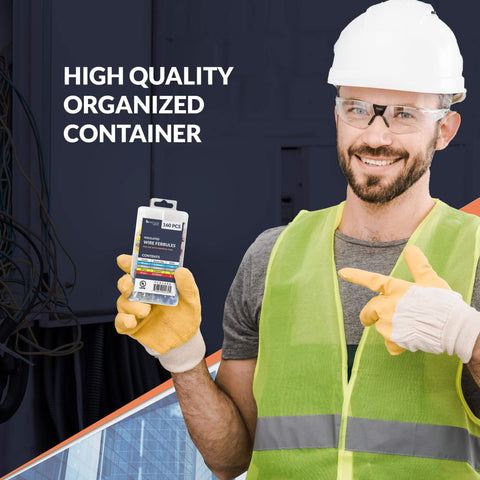 Worker holding Ferrule Crimping Tool Kit Pro Grade With Secure Wire Ferrule Nylon Case And 160 Electrical Wire Connectors
