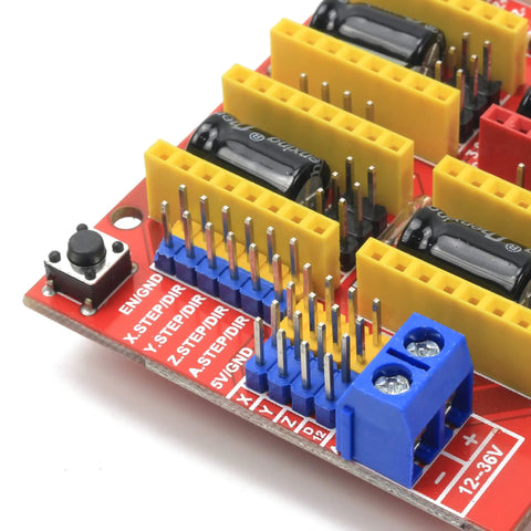 Close-up of CNC Shield V3 Expansion Board With GRBL Controller Support And Solid DRV8825 Stepper Drivers connectors.