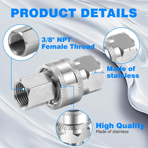 Side view of 3/8 NPT stainless steel pressure washer adapter set, 12-piece with female quick-connect fittings