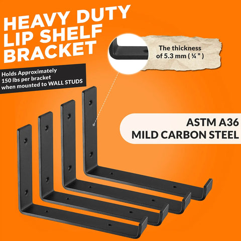 Beefy Heavy Duty J Shelf Brackets With Lip For 9.25 Inch Boards, 10 Inch Shelf Support, Black Steel Wall Mounted Shelving Brackets 150 Lb