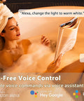 Woman in bathtub using Alexa to control WiFi RGB LED Bulbs BR30 65W Equivalent Full Color Flood Light Bulbs With Alexa And Google Home