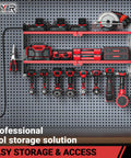 Power Tool Organizer With Charging Station Wall Mount For Garage, Cordless Drill And Battery Holder, Built In Surge Protected Power Strip, Heavy Duty Tool Shelf Rack In Red.