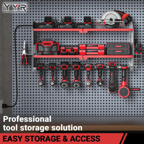 Power Tool Organizer With Charging Station Wall Mount For Garage, Cordless Drill And Battery Holder, Built In Surge Protected Power Strip, Heavy Duty Tool Shelf Rack In Red.
