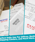 Top Shelf Self Inking Date Stamp For Office Desk With Smooth As Butter Rolling Feel And Crisp Red Ink Stamps Featuring Twelve Year Enduring Bands, showing documents stamped with received, deposited, and paid dates.