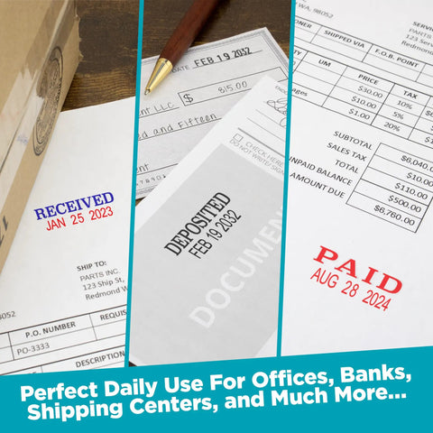 Top Shelf Self Inking Date Stamp For Office Desk With Smooth As Butter Rolling Feel And Crisp Red Ink Stamps Featuring Twelve Year Enduring Bands, showing documents stamped with received, deposited, and paid dates.