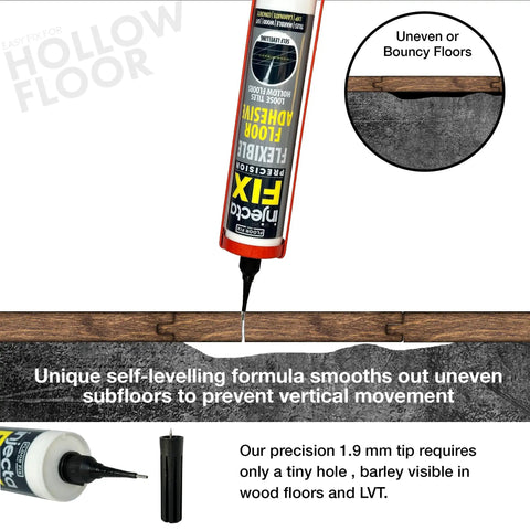 Extra Strength Floor And Tile Adhesive For Loose Or Hollow Tiles And Squeaky Wood Floors, All In One Repair Solution With A 5/64 Inch Stainless Steel Injection Tip And Anti Clog Cap, 10.1 Fl Oz, Delivers Quick No Brainer Fix, shown with precision tip in use on wood subfloor.