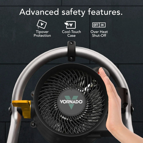 Velocity Tuned Heat Garage Heater With Fan And Tilt Head For Quick Warmth showing advanced safety features and controls.