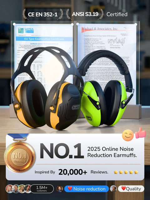 All-Day Comfy Noise Reduction Earmuffs For Adults And Kids, NRR28dB Hearing Protection displayed with certifications and ratings.