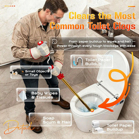Heavy Duty 6ft Toilet Auger With Dual Bulb Head And Drill Ready Build For Killing Nasty Clogs Dead Quick, clearing toilet clogs.