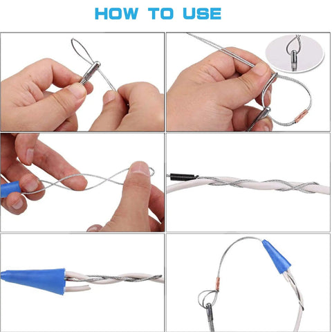 65 Foot Nylon Fish Tape Wire Puller Kit For Electrical Work illustrated steps, showing how to use the flexible cable guide tool.