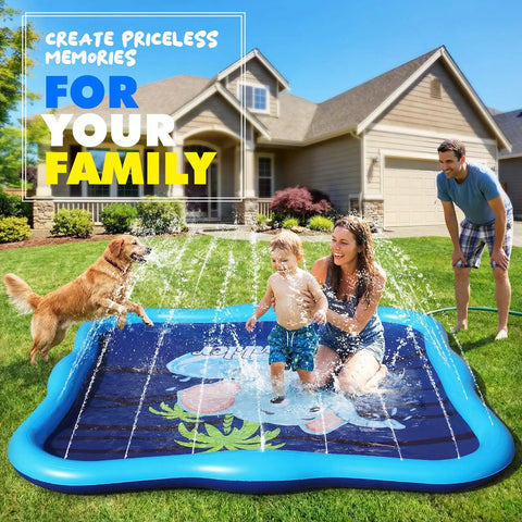 Backyard Splash Pad Sprinkler For Kids And Dogs With An 85 Inch Thickened Square Play Mat Built For Toddlers Aged One To Three Epic Water Fun Outdoor Pool Party Toy in use with family and dog playing.