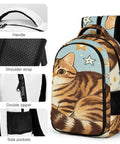 Vintage Star Tabby Kitty Print Unisex Backpack With Large Capacity For School And Travel, showing handle, strap, zipper.