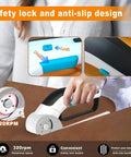 Heavy Duty Cordless Electric Scissors With Rechargeable Battery, showing safety lock and anti-slip design for comfort.