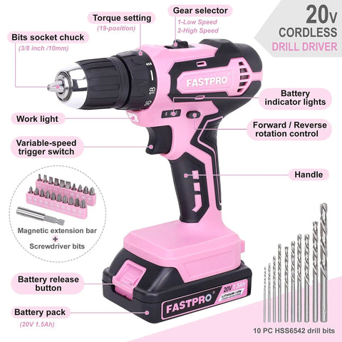Pink 232-Piece Drill Set With 20V Cordless Drill Driver And Home Tool Kit For Women, showing drill features and accessories