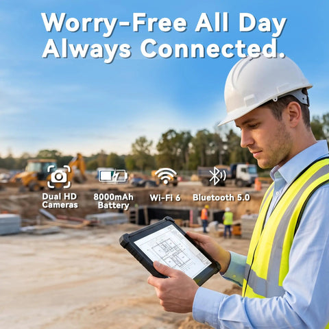 Rock Solid 10 Inch Rugged Tablet With Windows 11 Pro And IP67 Waterproof Build shown being used on a construction site.