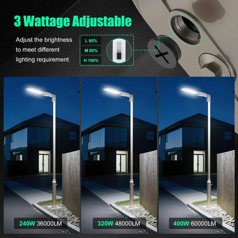 Beefy 400W LED Parking Lot Light With 60,000 Lumens IP65 DLC UL Listed Stadium Flood Beam 5000K, adjustable wattage options.