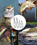 30 Pack Heavy Duty Stainless Steel Fishing Swivels with Snap Hooks for lure attachments, shown with caught fish in saltwater and freshwater settings.