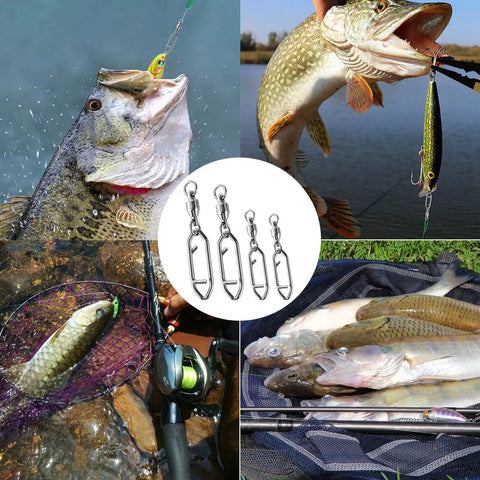 30 Pack Heavy Duty Stainless Steel Fishing Swivels with Snap Hooks for lure attachments, shown with caught fish in saltwater and freshwater settings.