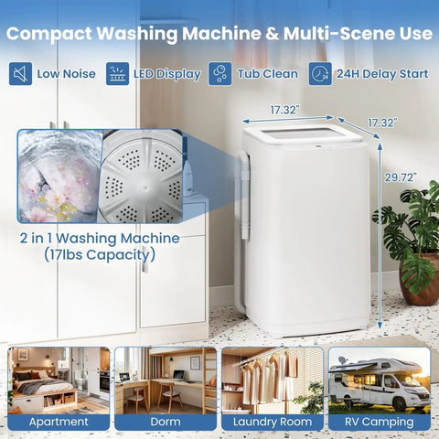 Compact Full Automatic Top Load Washing Machine With Ten Reliable Cycles And Easy Dial Controls Straight Up Game Changing Portable Laundry For Squat Apartments College Dorms And Weekend Getaways in modern laundry room setting.