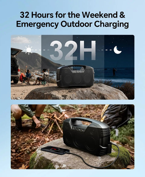 Rugged Outdoor Bluetooth Speaker IPX7 Waterproof, 90W Peak Power, placed on rock, showing 32 Hour Playtime in outdoor setting.