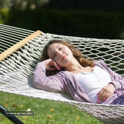 Double Rope Hammock With Hardwood Spreader Bar And Carrying Bag 450 Lbs Capacity For Two People Durable Weather Resistant Outdoor Hammock Easy Setup For Backyard Kickback In Natural Color