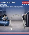 Heavy Duty Air Compressor Quick Connect Jumper Hose 20 Inch Long connecting compressor to tank in workshop setting.