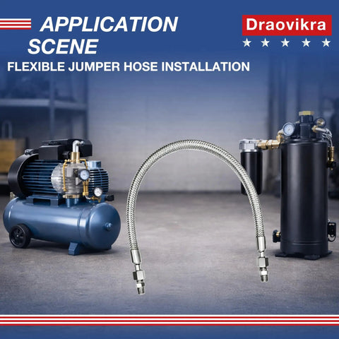 Heavy Duty Air Compressor Quick Connect Jumper Hose 20 Inch Long connecting compressor to tank in workshop setting.