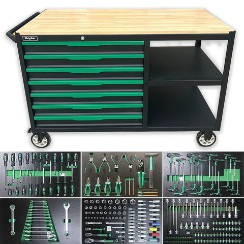 Beast Rolling Tool Cart Cabinet With 7 Lockable Drawers Double Shelves And Wood Workbench Heavy Duty Steel Construction 51.1 W X 18.9 D X 32.3 H Inches Great For Garage Workshop Or Outdoor Use Includes 258 Piece Tool Set